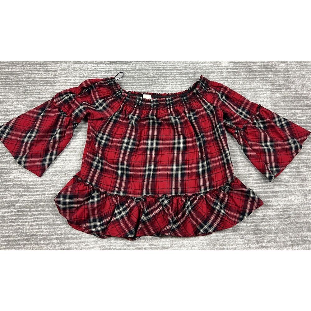 C‎ Label Top Womens Large Red Plaid Off Shoulder 3/4 Sleeve Bohemian Casual